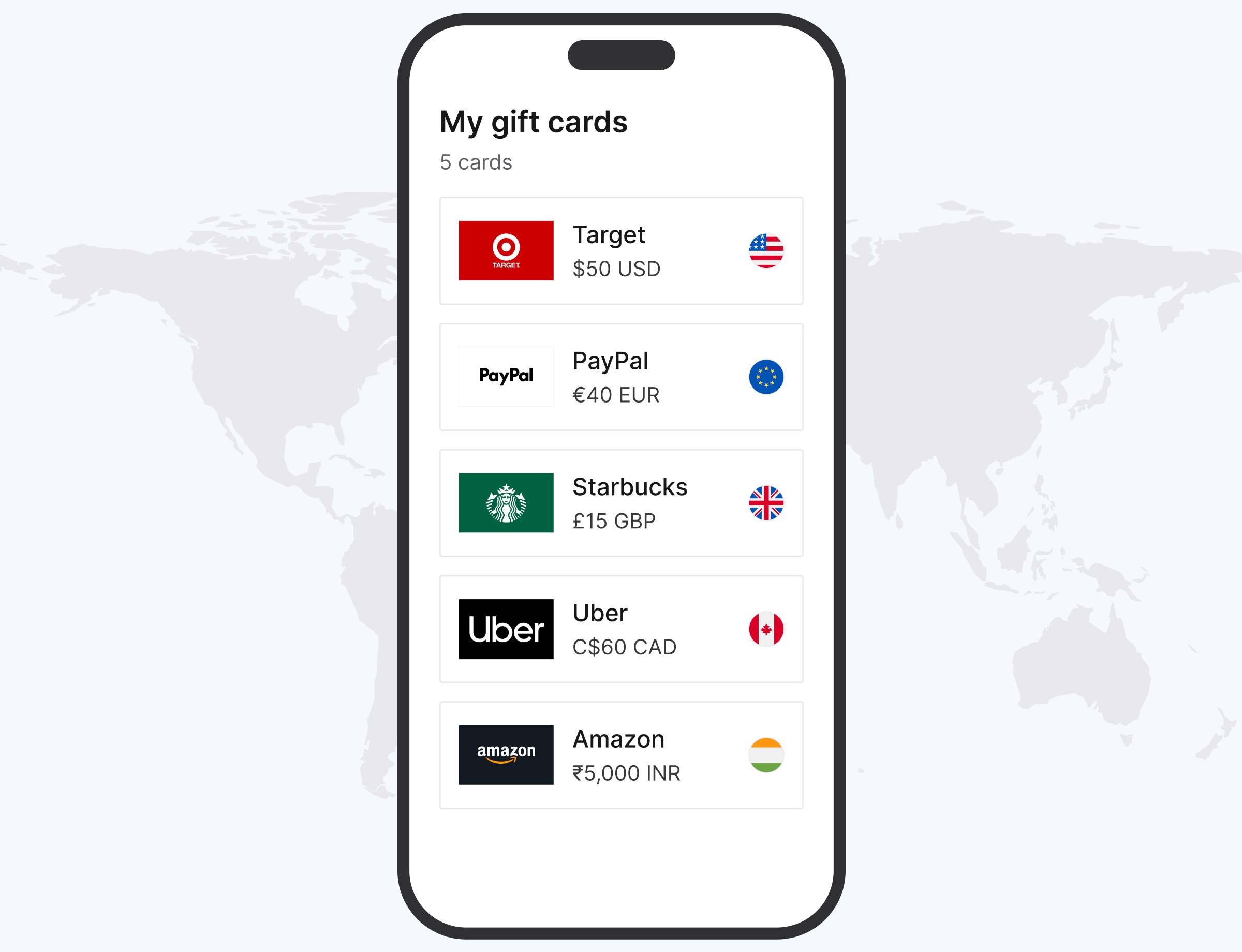 Mobile gift card wallet with Target, PayPal, Starbucks, Uber, and Amazon rewards in USD, EUR, GBP, CAD, and INR