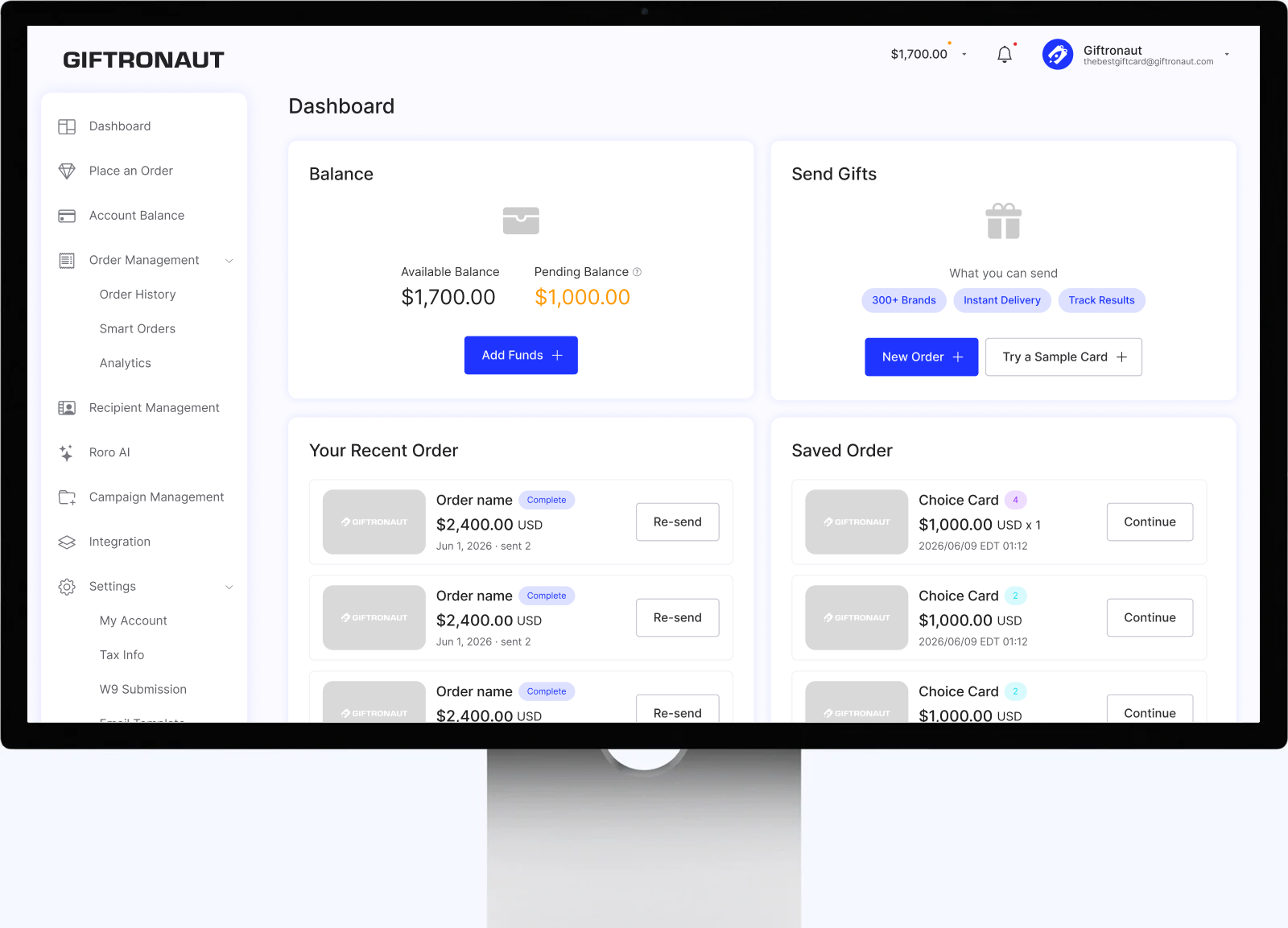 Giftronaut dashboard