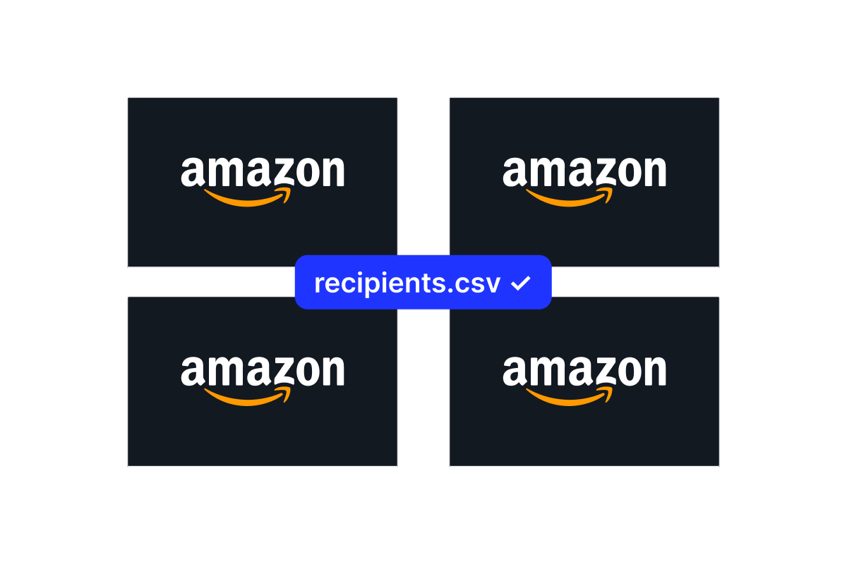 Four Amazon gift cards with a recipients.csv upload confirmation