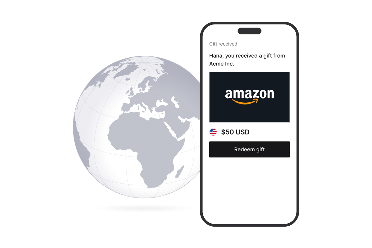Globe next to a phone showing an Amazon gift card received for $50 USD with a Redeem gift button