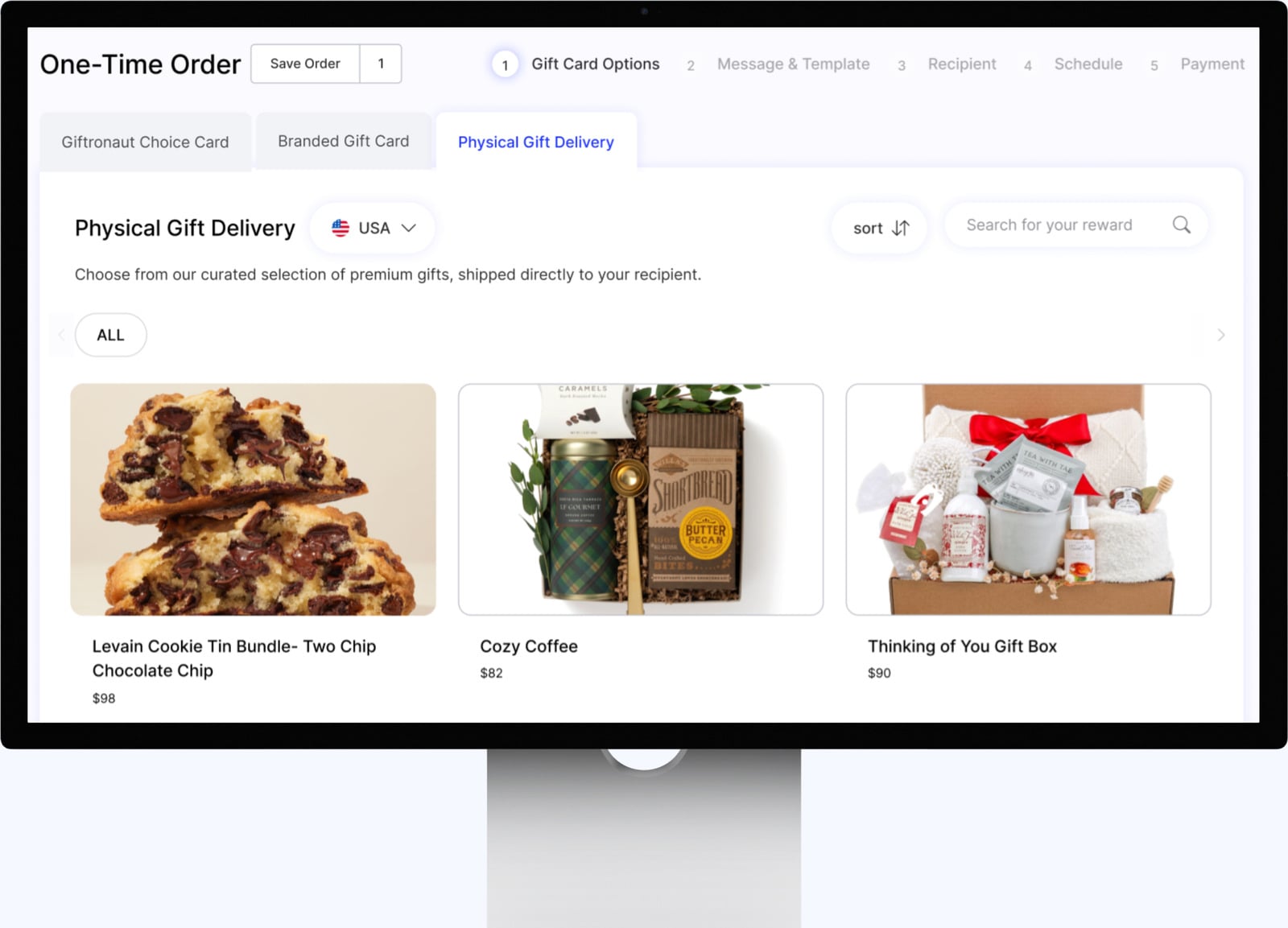 Curated Merchandise tab of the Giftronaut One-Time Order screen