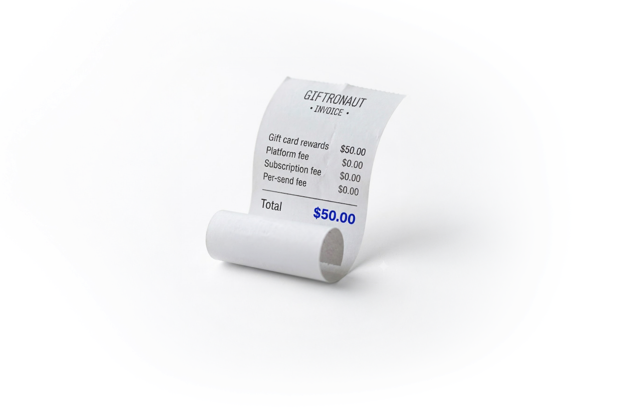 Giftronaut invoice receipt showing $0 platform fees